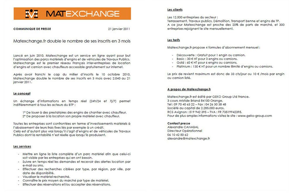 Matexchange Communique de presse