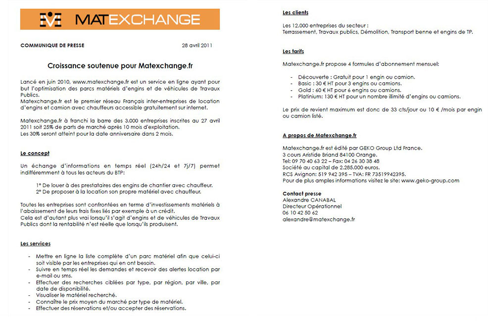 Matexchange Communique de presse