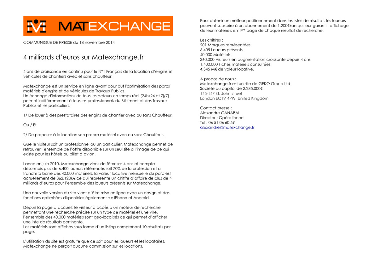 Matexchange Communique de presse